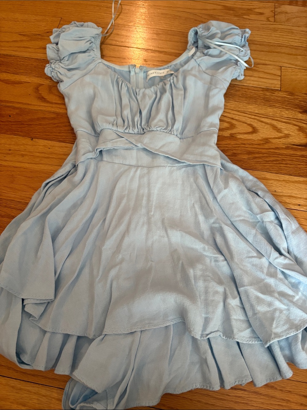 Altar'd State Pale Blue Puff-Sleeve Tiered Mini Dress